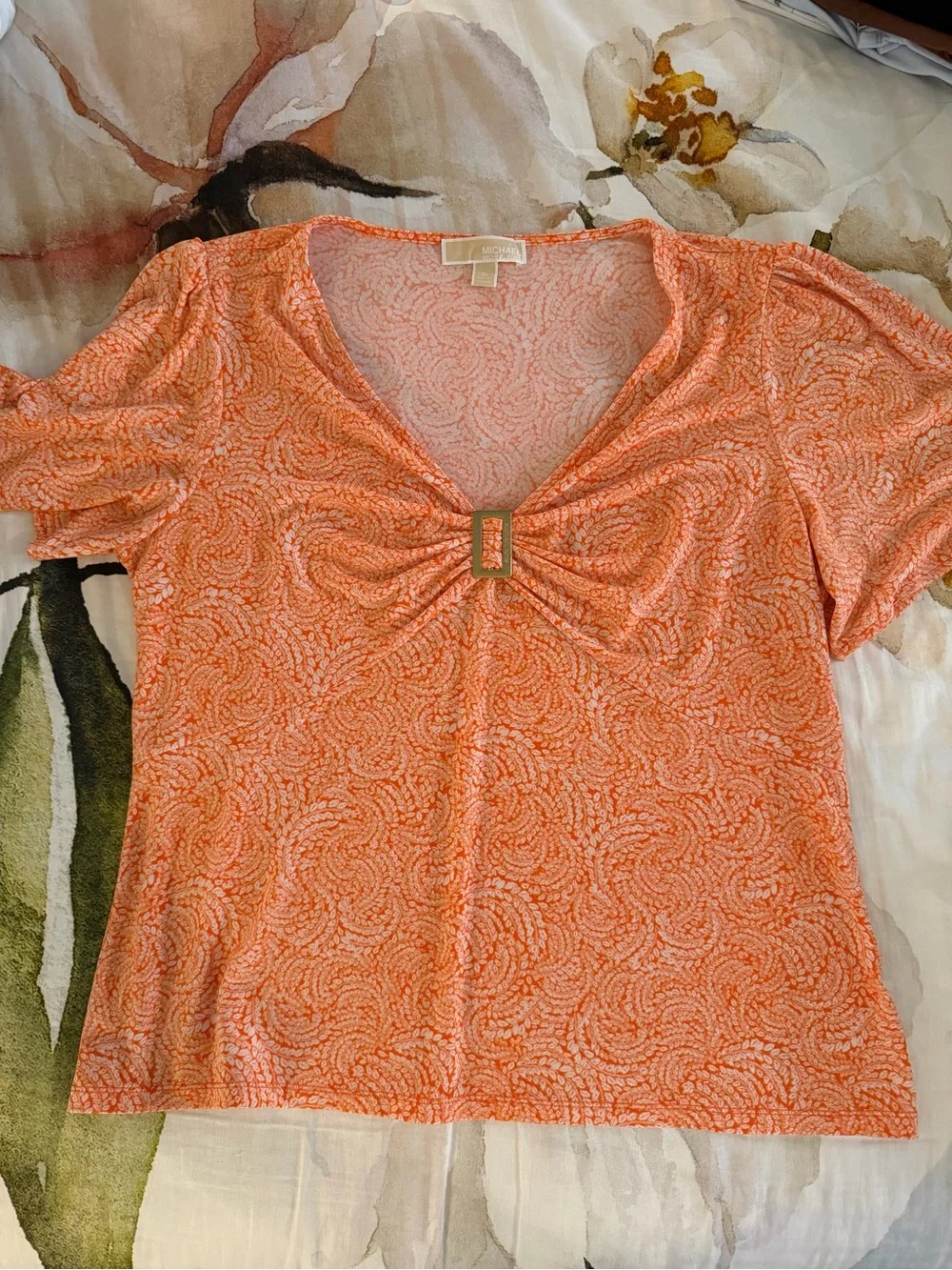Michael Kors Orange Patterned V-Neck Top with Decorative Gold Buckle